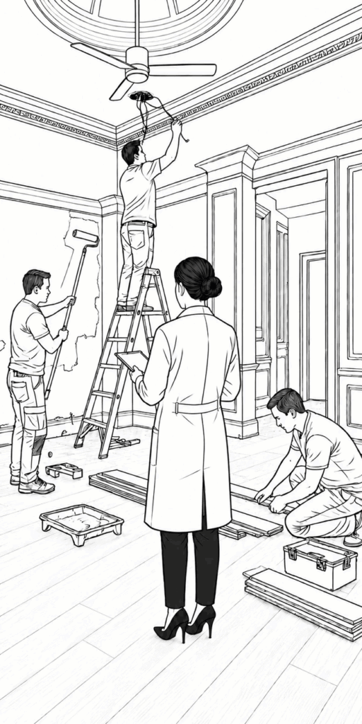 Illustration of Chelsea's team handling repairs and upgrades before listing