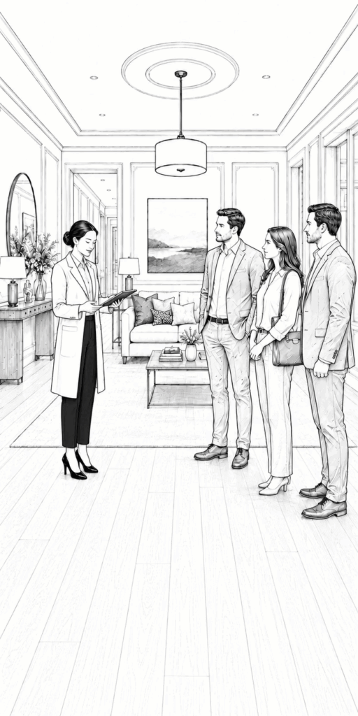 Illustration of Chelsea's team staging a home for listing photos