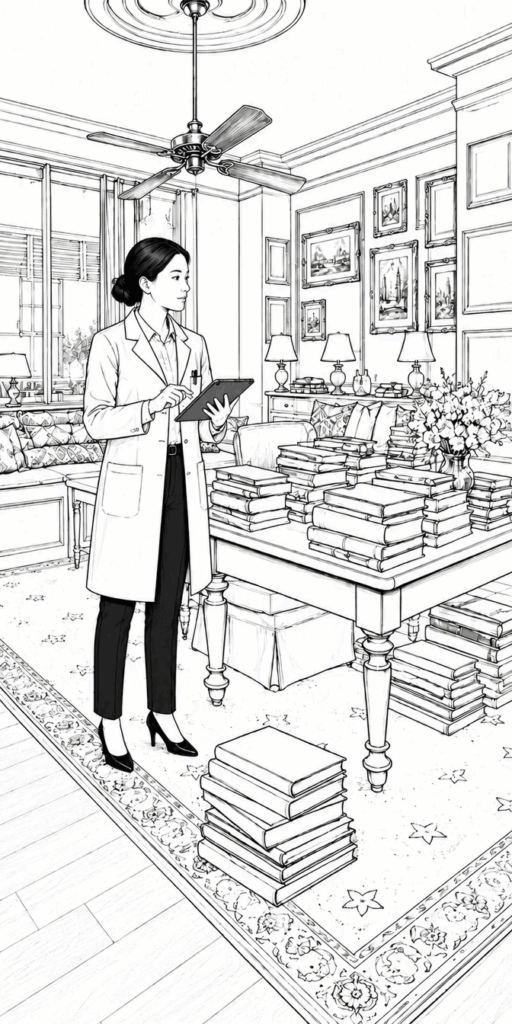 Illustration of Chelsea's team decluttering and clearing a home before staging