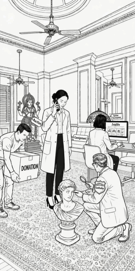 Illustration of Chelsea's team downsizing and appraising belongings before a home sale
