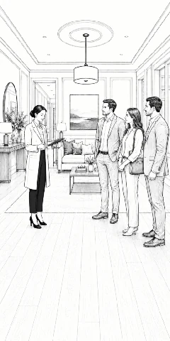 Agent and buyers touring the finished staged apartment