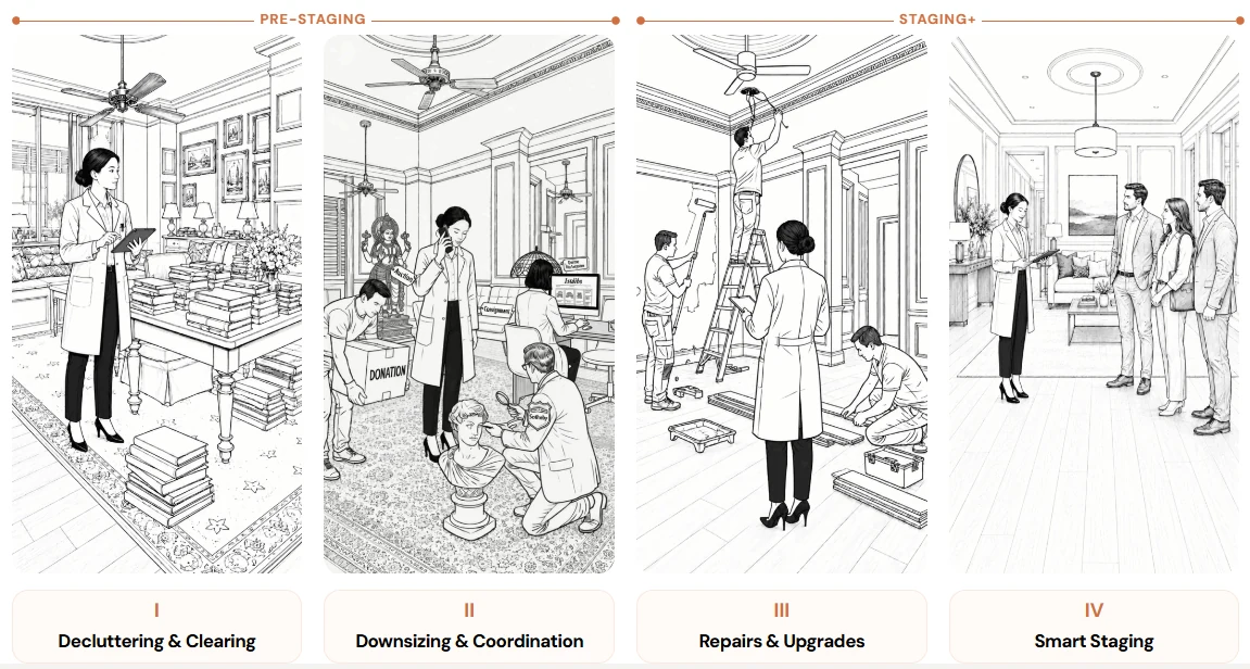 Chelsea complete service: Pre-Staging includes Decluttering and Clearing, and Downsizing and Coordination. Staging+ includes Repairs and Upgrades, and Smart Staging.