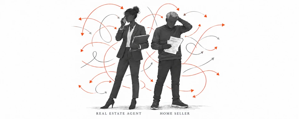 A real estate agent and home seller surrounded by tangled arrows representing preparation chaos